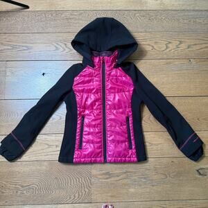 London Fog Hooded Light Weight Girls Jacket SZ 12 Pink Black Neoprene